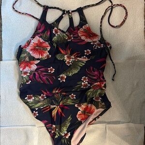 Kona Sol Blue and Pink One Piece Swimsuit Floral Design